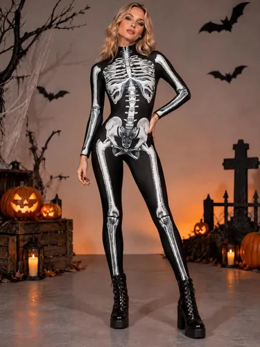 Vista 4 de Disfraz de esqueleto de calavera para mujer, overol de una pieza para Halloween Esqueleto gris-2