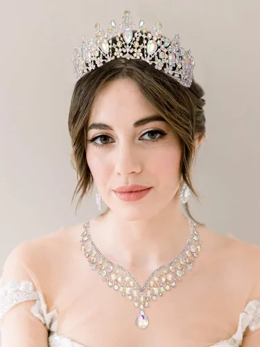 Vista 2 de SWEETV Corona de boda para novia, paquete de 3 aretes de tiara, juego de joyas para novia, cristal iridiscente, fiesta, cumpleaños, graduación