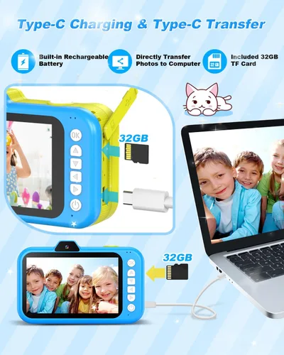 Vista 9 de Cámara para niños Uffylle, selfie frontal de 1080P 48MP, cámara de juguete para niños pequeños con pantalla grande de 3.5 pulgadas, zoom 10X