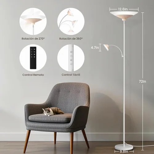 Vista 2 de SIBRILLE Torchiere - Lámpara de pie con pantalla de grano de madera, lámpara de pie LED regulable de 72 pulgadas con control remoto, lámpara
