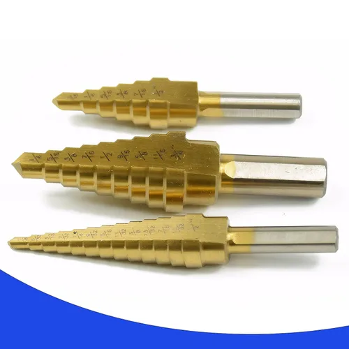 Vista 6 de Juego de 3 brocas de acero de alta velocidad para metal, con revestimiento de titanio, para taladrar agujeros en láminas de metal, madera, PVC
