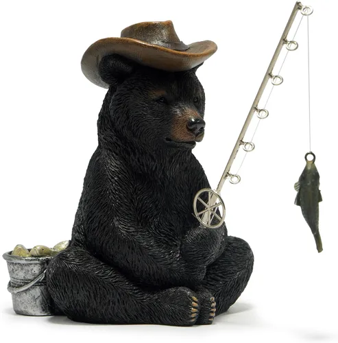Vista 2 de Hodao Figuras de pesca de oso negro, decoración de oso de verano, manualidades para decoración de escritorio de oficina en casa, estatua