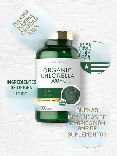 Vista 5 de Carlyle Chlorella Tabletas orgánicas 500 mg 1000 unidades Suplemento vegetariano, sin OMG y sin gluten