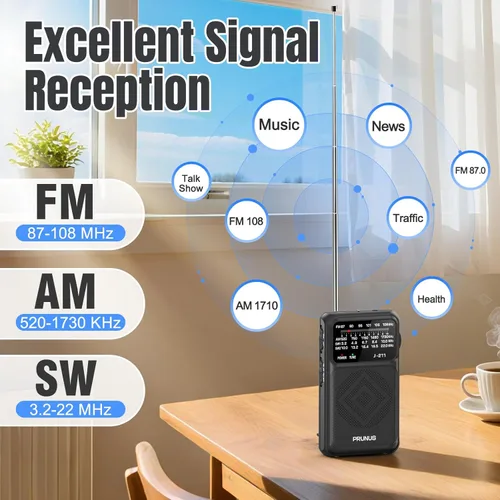 Vista 6 de PRUNUS J-211 - Radio portátil AM FM con carga USB C y operada por baterías AA, radio de transistor, fuerte recepción y altavoz claro, conector