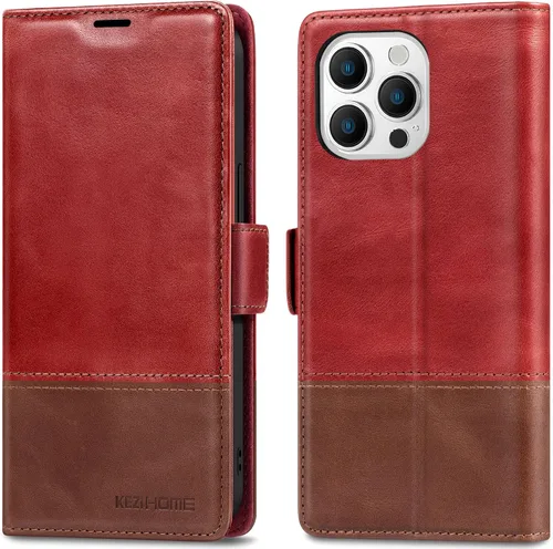 Vista 10 de KEZiHOME Funda para iPhone 15, de piel auténtica, bloqueo RFID, carcasa interior de TPU, cierre magnético, ranura para tarjetas, a prueba de golpes