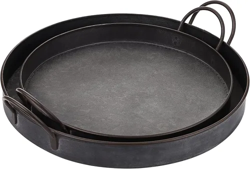 Vista 8 de Hipiwe Juego de 2 bandejas de hierro de metal de estilo industrial con asa, bandeja de almacenamiento galvanizada rústica, mesa de centro de mesa