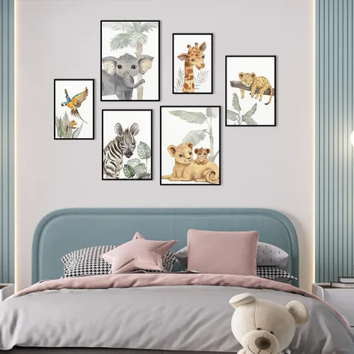 Vista 6 de HLJ ART Arte de pared para guardería de animales de safari: decoración de pared de guardería de bosque, juego de 6, imágenes de animales de bebé