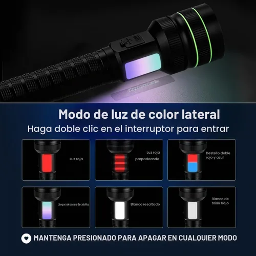 Vista 6 de KZK - Linterna recargable de 90000 lúmenes altos con mango largo, potente linterna de mano con 11 modos de luz, impermeable y zoomable para el Negro
