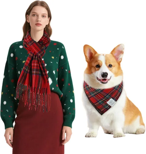 Vista 12 de E-Clover Bandanas navideñas para perros, bufanda a juego para el propietario, bufanda a cuadros para perro, baberos con bufandas de tartán, chal