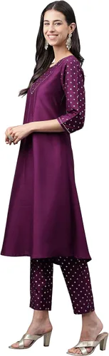 Vista 5 de Janasya Kurta sólido de seda crepé púrpura para mujer con pantalón