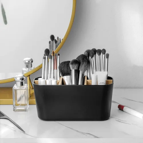 Vista 3 de Portacepillos de dientes para baños, soporte para cepillos de dientes de bambú con 5 ranuras, organizador de tocador de baño para encimera