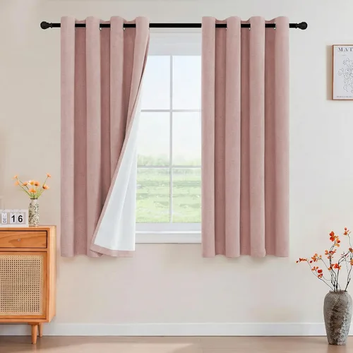 Vista 62 de Cortinas con textura de lino 100% opacas de 64 pulgadas de largo, juego de 2 paneles de cortinas de lino opacas con forro aislante térmico que Arena
