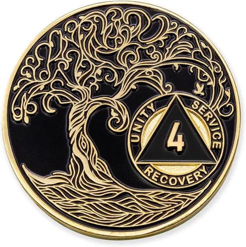 Vista 15 de 1 año Sobriety Mint Twisted Tree of Life Medallón de recuperación AA chapado en oro, chip/ficha - negro