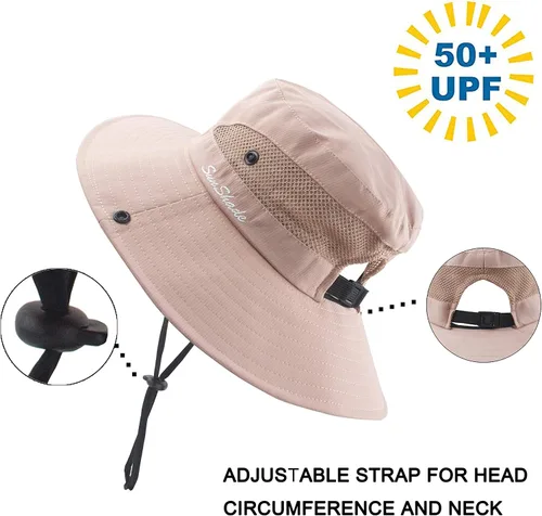 Vista 4 de Sombrero de sol para mujer con protección UV, malla plegable, ala ancha, sombrero de pesca para playa