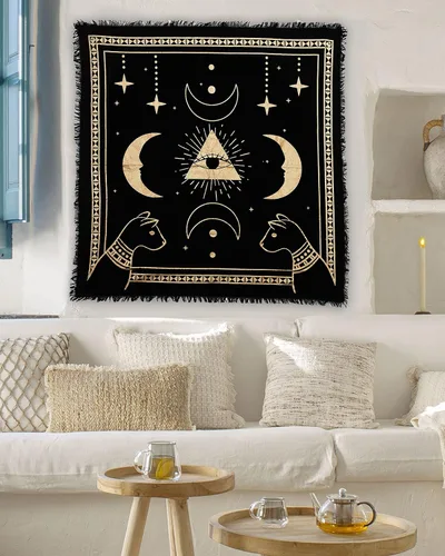 Vista 4 de Indian Consigners Tela de altar Prisma Luna Ojo Gato Celestical Tarot Deck Alter Square Wall Hanging Mantel Mantel Tapiz Lugar Sagrado Ojo de prisma
