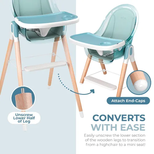 Vista 7 de Silla alta de madera de lujo 6 en 1 para bebés y niños pequeños, moderna, segura y compacta, fácil de limpiar y montar, bandeja y cojín extraíbles