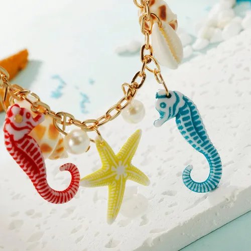 Vista 5 de Collar de estrella de mar de concha, pulsera de caracola, collar grueso de sirena, joyería de playa para mujer