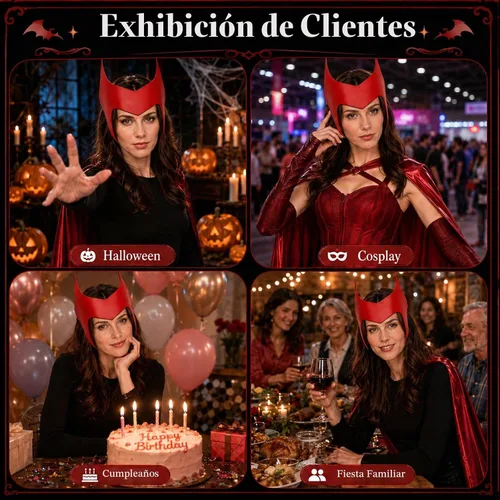 Vista 7 de Wanda - Máscara de corona de bruja escarlata, accesorio para disfraz de Piel sintética, correa trasera elástica, color rojo, accesorio ligero Rojo