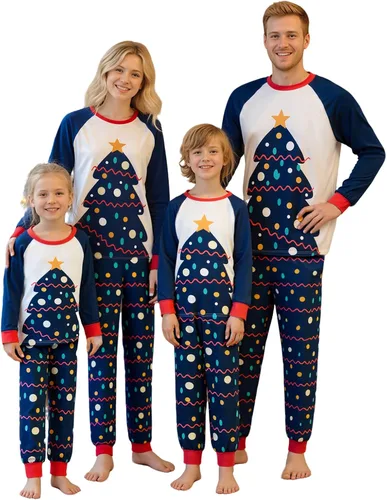 Vista 33 de Awoscut - Conjunto de pijamas navideños a juego, con estampado en la parte superior y pantalones a cuadros #B-7