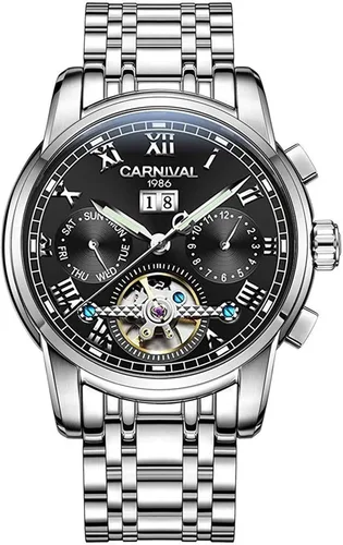 Vista 10 de Carnival Reloj mecánico automático para hombre tourbillon Relojes azules multifunción de acero inoxidable plateado Oro rosa/Negro