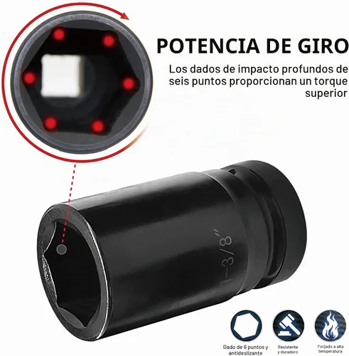 Vista 5 de Juego de enchufes de impacto profundo de 1 pulgada, 9 piezas de juegos de enchufes de impacto jumbo, acero cromado SAE de 1" a 2", diseño de 6