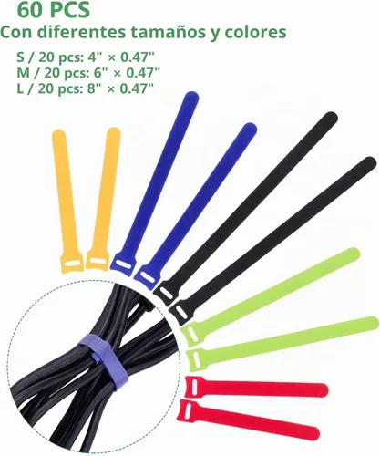 Vista 2 de OneLeaf 60 Piezas Bridas de Cable Reutilizables de Sujeción con Gancho y Bucle, Correas de Cable Multiusos Bridas de Alambre Gestión de Cables