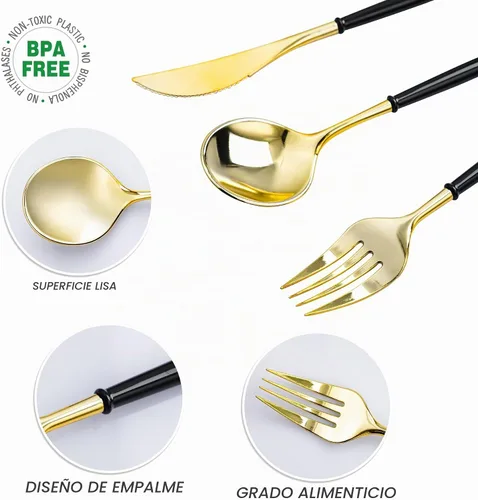 Vista 3 de N9R Juego de cubiertos de plástico dorado - 90 piezas con mango negro - Cubiertos de plástico elegantes, resistentes - 30 cucharas, 30 tenedores, 30