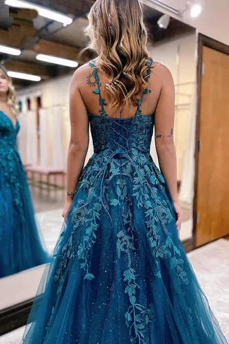 Vista 7 de Vestidos de graduación de tul con purpurina para mujer, cuello en V, apliques de encaje, vestidos largos de baile, tirantes delgados, vestido