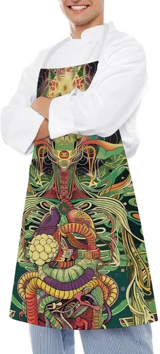 Vista 4 de MUSM Apron for Adults - 27.6 X 31.5 Inch, Heavy-Duty Polyester Aprons with Two Large Pockets, Waterproof Line Green Picture Kitchen Apron for