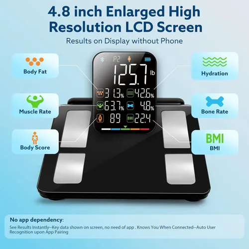 Vista 4 de Báscula inteligente para peso corporal, báscula digital de baño de 8 electrodos, para medición de metabolismo de proteínas óseas de IMC grasa, masa