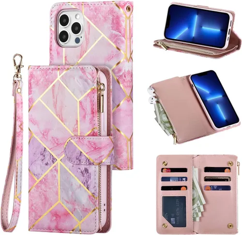 Vista 13 de UEEBAI Funda tipo cartera para iPhone 13 Pro Max, funda de piel sintética con cierre magnético, bolsillo con cremallera, ranuras para tarjetas