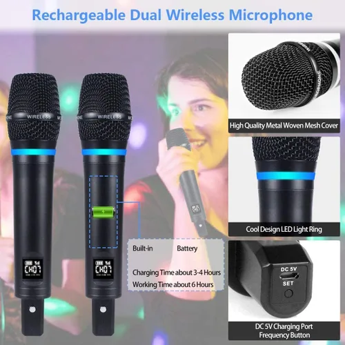 Vista 4 de S9 UHF Sistema de micrófono inalámbrico recargable para karaoke, micrófono inalámbrico dual con caja receptora Bluetooth + control de volumen ECHO