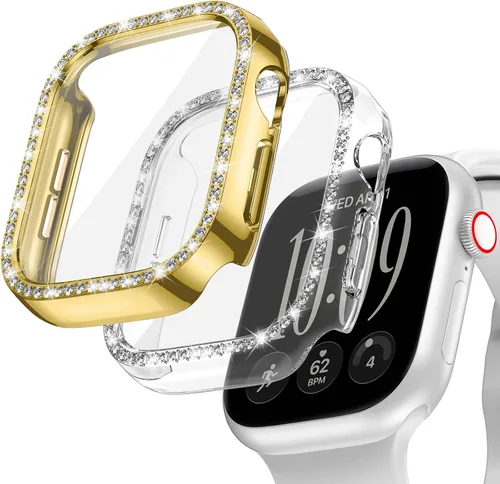 Vista 12 de Goton - Pack de 2 Fundas Bling para Apple Watch con Protector de Pantalla 40mm SE 3/2/1, Series 6/5/4, Funda con Purpurina para Mujer con Diamantes