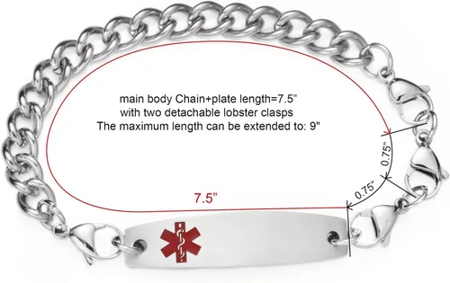 Vista 3 de Pulseras médicas ajustables de 7.5"-9" para mujereshombres pulseras médicas intercambiables de acero inoxidable