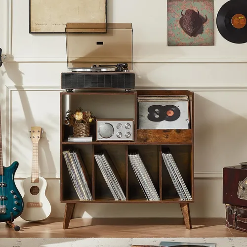 Vista 9 de LELELINKY Soporte grande para tocadiscos, soporte giratorio con almacenamiento, soporte para discos de vinilo con área de visualización, mesa