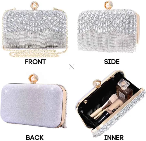 Vista 3 de Yokawe Bolso de noche con cristales para mujer, con diamantes de imitación, con borlas, bolsos cruzados para novia, boda, fiesta, baile de graduación