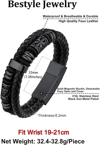 Vista 6 de Bestyle Pulseras de cuentas de acero inoxidable trenzadas de cuero genuino de alta calidad para hombres y niños, pulseras de moda para hombre