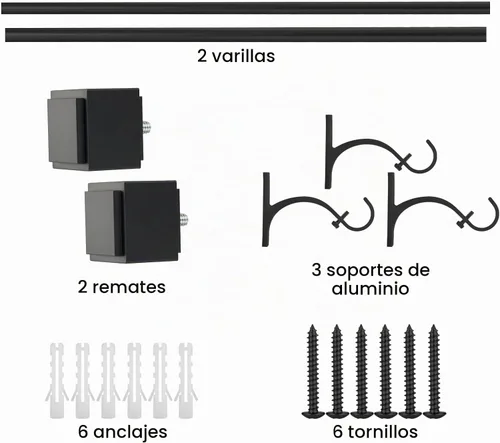 Vista 6 de Barra de cortina telescópica de 1 pulgada de 36 a 72 pulgadas, con remates cuadrados de aleación de aluminio resistente, negro mate