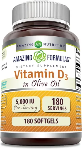 Vista 7 de Amazing Formulas Vitamina D3 en aceite de oliva Suplemento de 5000 UI, cápsulas blandas, sin OMG, sin gluten, fabricado en Estados Unidos