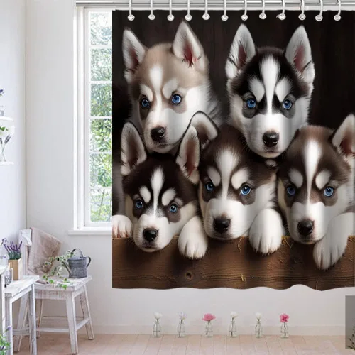 Vista 3 de Bonita cortina de ducha de perro, divertida y encantadora mascota, diseño de perros husky, cachorros, familia, niños, juego de decoración de baño