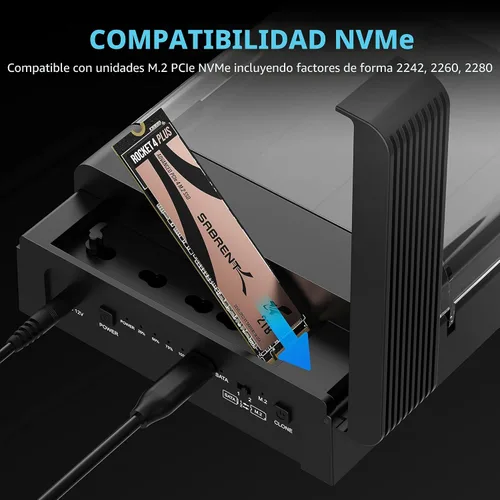 Vista 3 de SABRENT Lay Flat NVMe y SATA HDD/SSD Dock, USB-C 10Gbps (DS-UFNC)