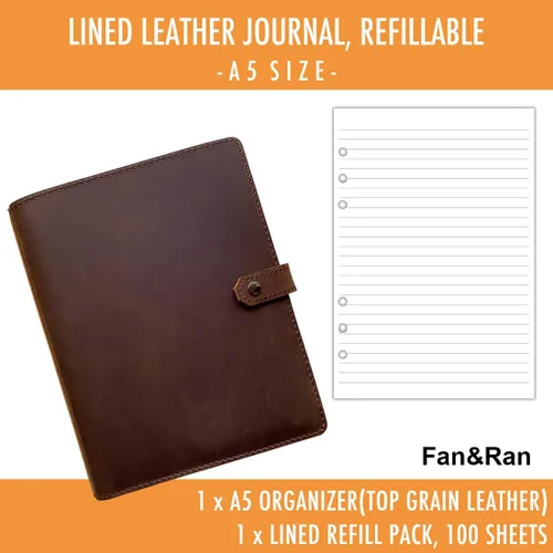 Vista 2 de Fan&Ran Diario de cuero recargable con papel rayado, carpeta A5 de 6 anillas, 100 hojas, marrón oscuro