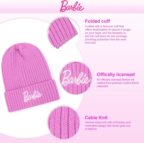Vista 2 de Barbie Gorro de invierno para mujer Gorro de invierno para mujer con guantes, gorro cálido, gorro de punto rosa