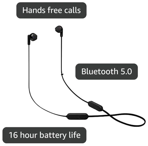 Vista 3 de JBL Tune 215 - Auriculares intrauditivos inalámbricos Bluetooth con micrófono de 3 botones/control remoto y cable plano, color negro, pequeño JBL