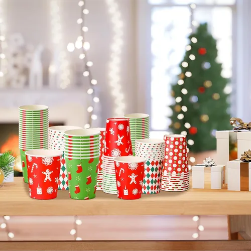 Vista 3 de Umigy 100 vasos de papel de Navidad a granel desechables de 9 onzas, tazas de café de chocolate caliente, medias de árbol de Navidad, pan