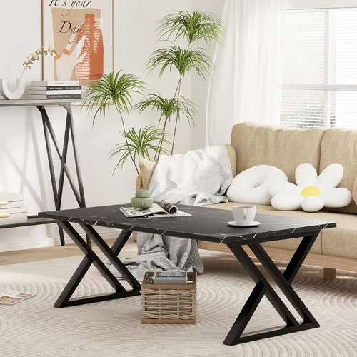 Vista 6 de Wolawu - Mesa de café para sala de estar, mesa central negra, mesa de té rectangular moderna y simple de mármol falso con marco de metal acabado