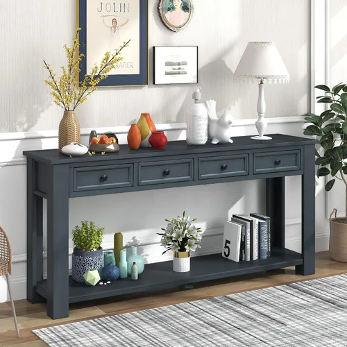 Vista 27 de JIVOIT Mesa consola rústica y elegante, mesa de consola rectangular de madera con cajones de almacenamiento y estante inferior para entrada Blanco
