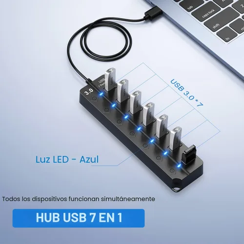 Vista 2 de ONFINIO Hub USB 3.0, divisor de concentrador USB de 7 puertos con interruptores individuales de encendido/apagado y luces, cable de 3.2 pies/1m