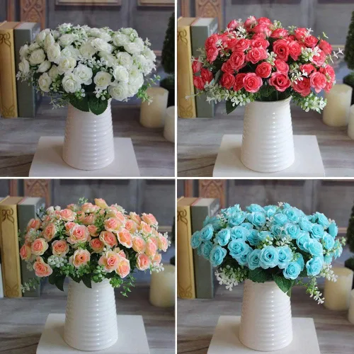 Vista 4 de Flor artificial de gama alta 5 tenedor 15 mini rosas decoración del hogar