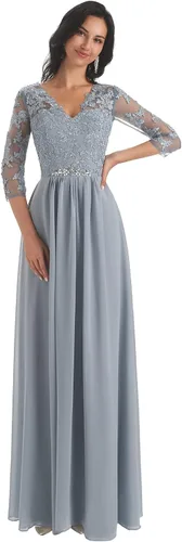 Vista 2 de Vestido largo formal de noche para mujer con apliques de encaje con cuello en V y mangas